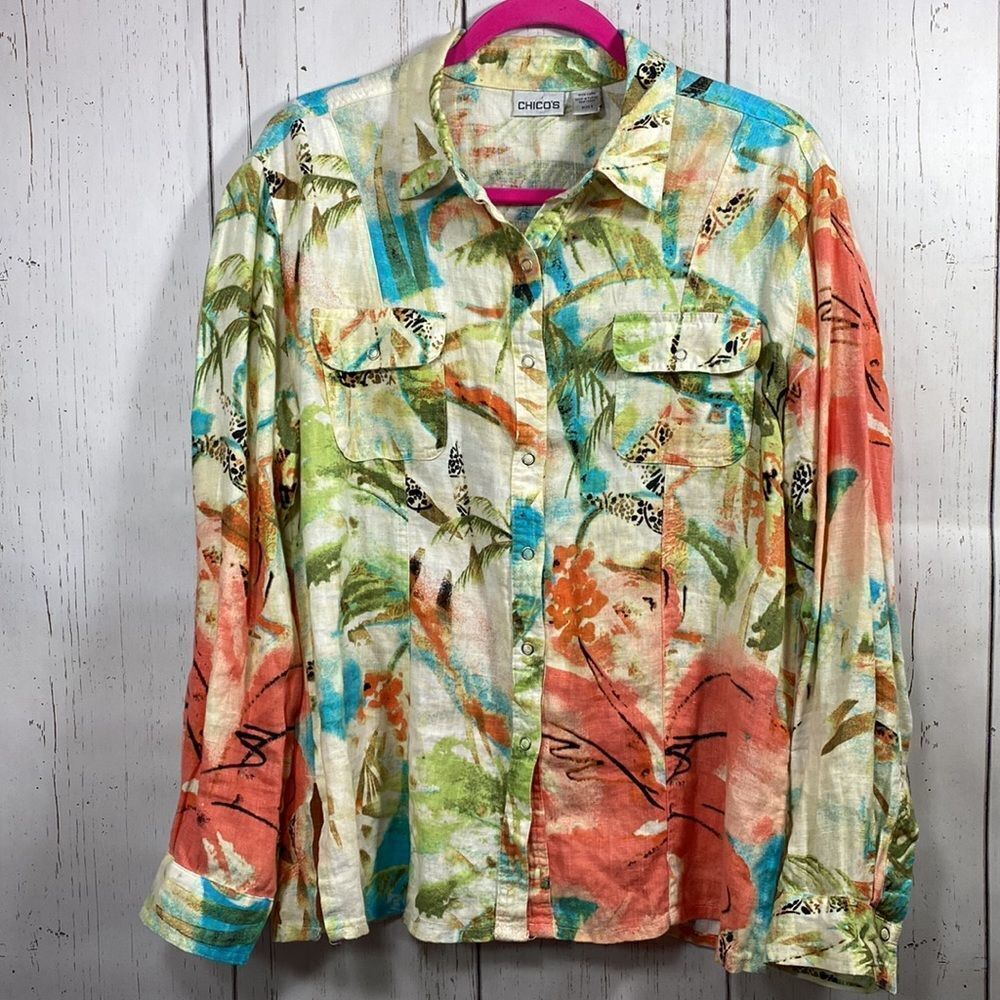 Vintage Chicos 100% Linen Tropical Snap Button Shirt Size L Coastal Grandma 90s